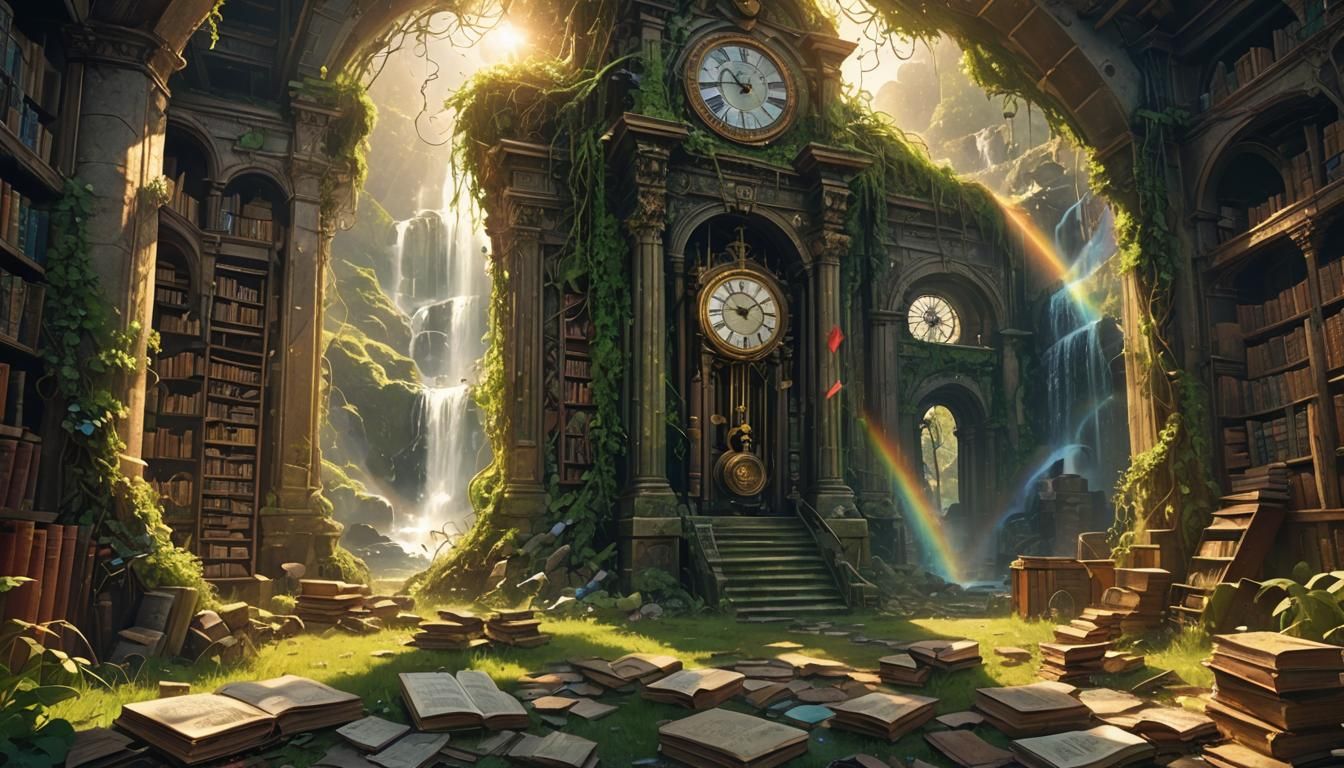 Post-Apocalyptic Library with Waterfall and Rainbow