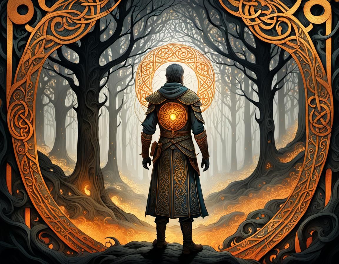 Mystical Forest Scene in Illuminated Manuscript Style