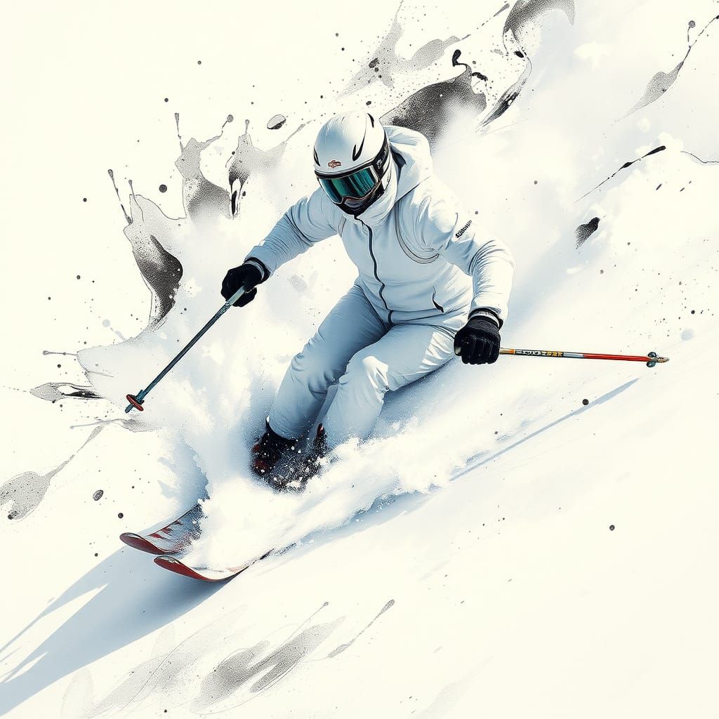 Skier Descending Mountain in Expressive Ink Style