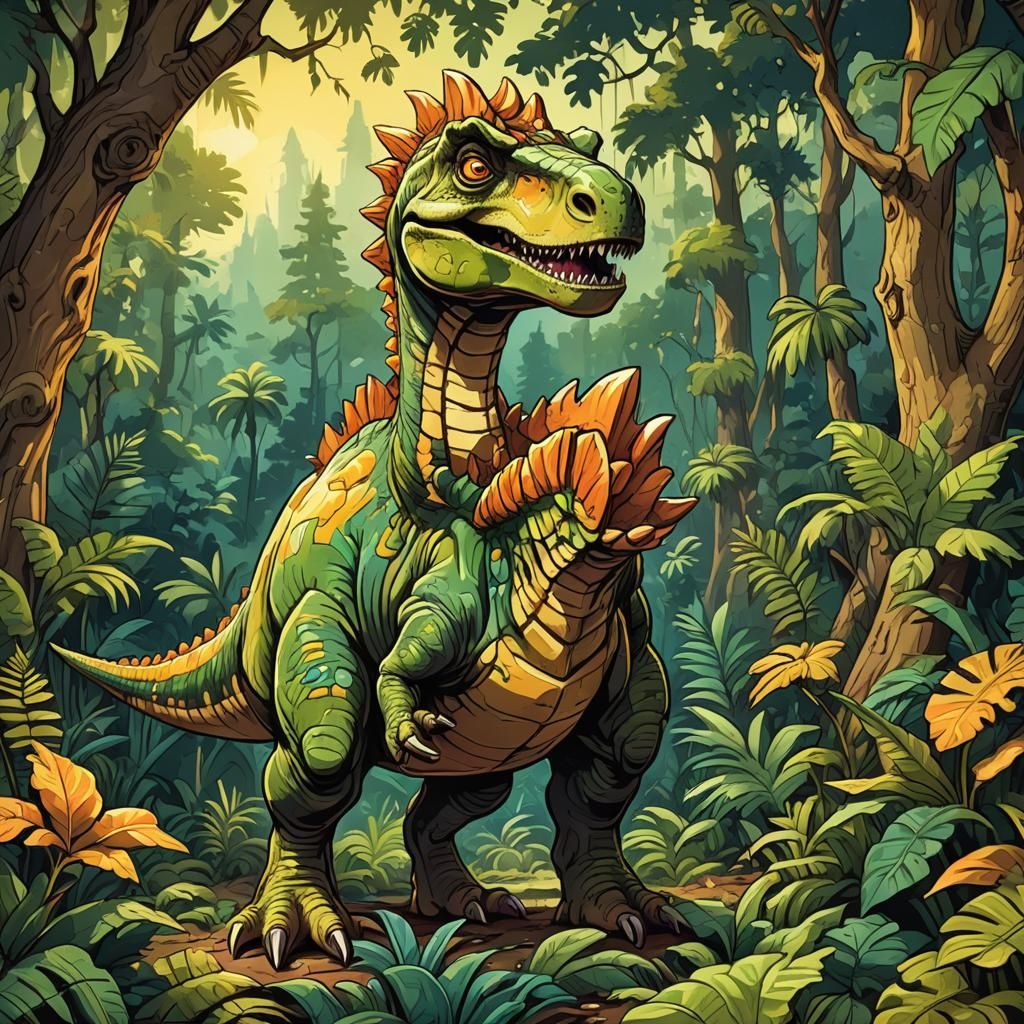 <lora:Baroque Style:1.0> a high detailed illustration of a dinosaurus, in clean oil ink airbrush style, cartoonized styl...