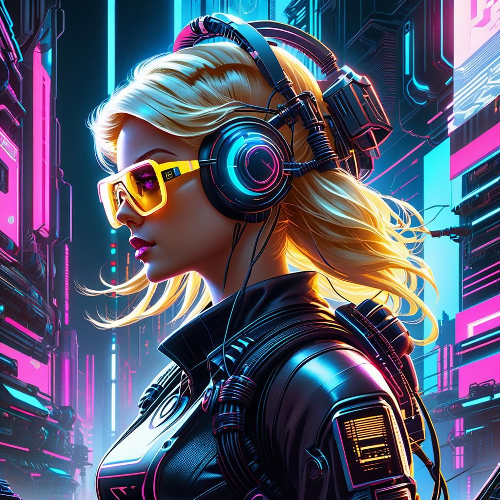 Biopunk Woman in Exoskeleton with Cyberpunk Background