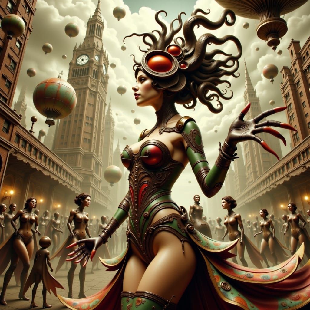 Steampunk Carnival Plaza with Automatons and Dirigibles