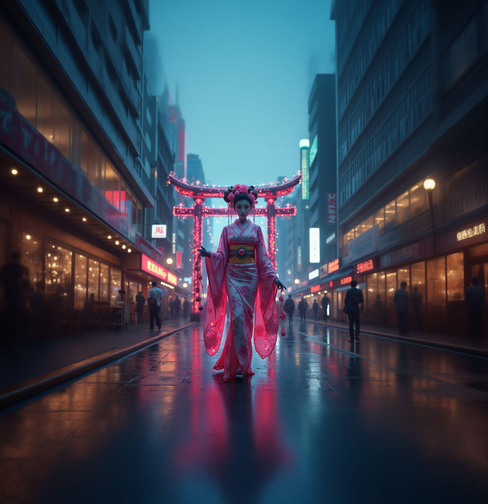 Cyberpunk Geisha Robot in Front of Neon Tori Shrine