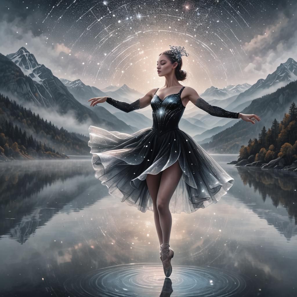 Glass Ballerina Spins Above Misty Lake: Astral Illustration