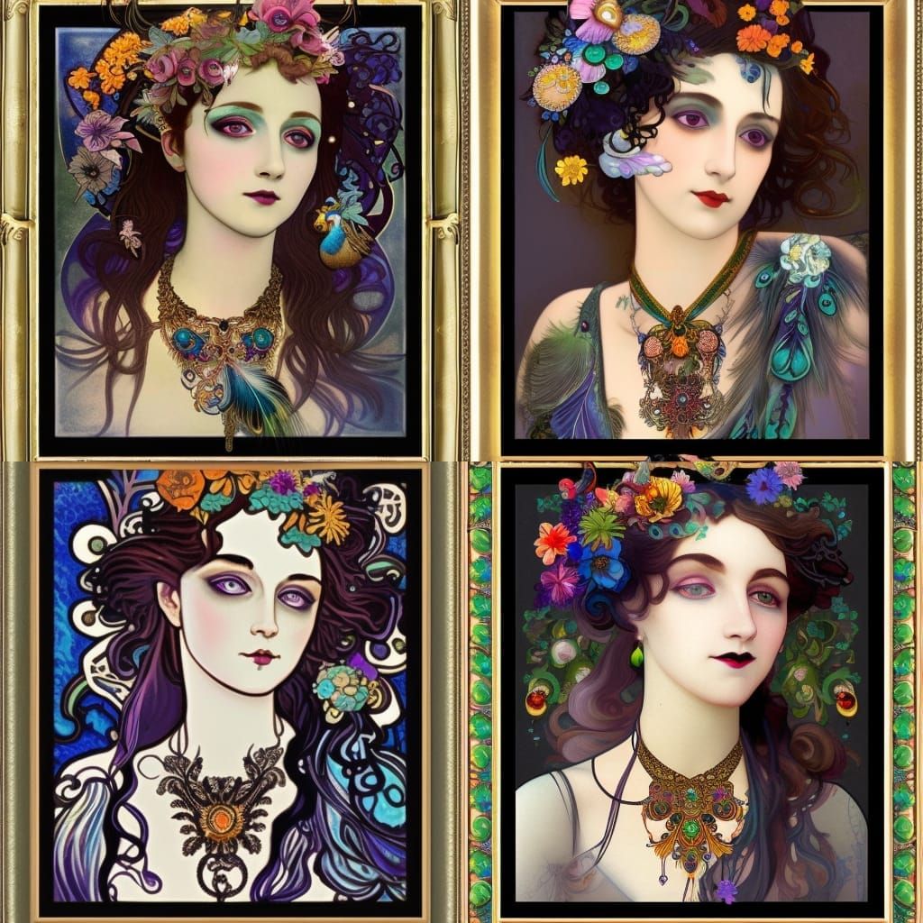 Art Nouveau Goth with Flowers and Peacock Feathers