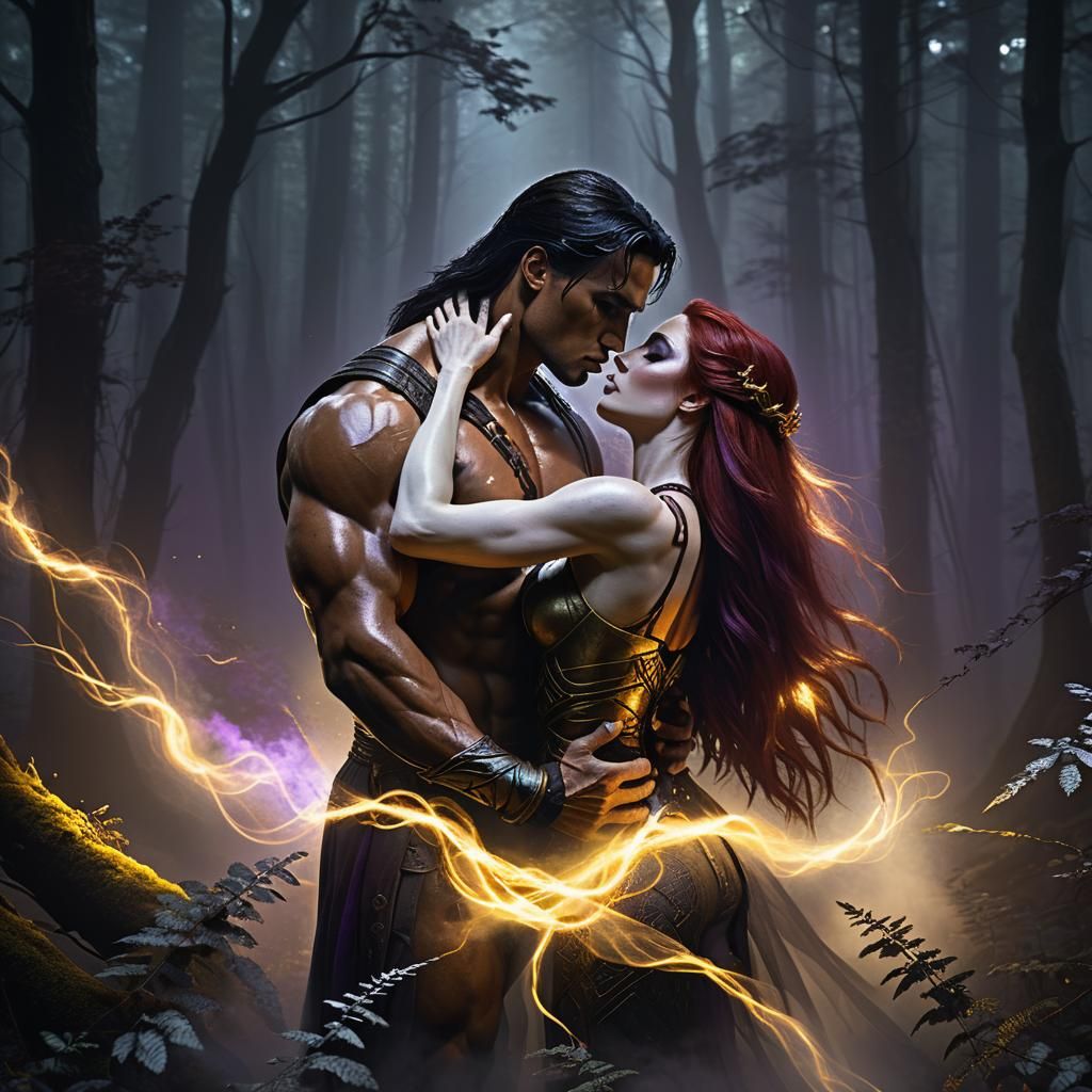 Dark Fantasy Kiss in Misty Forest, Detailed Concept Art