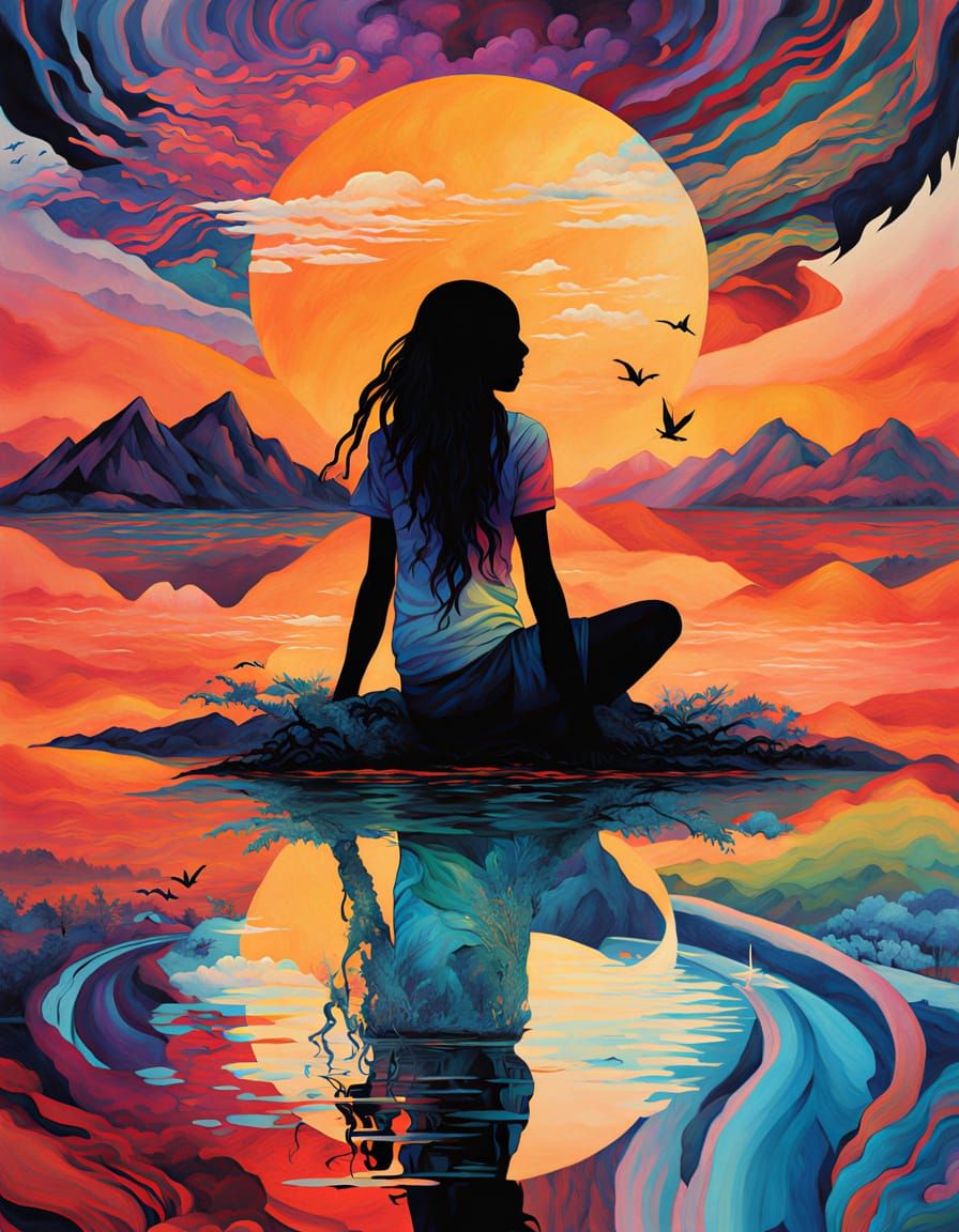 Vibrant Glitch Art of Woman Praying at Sunset