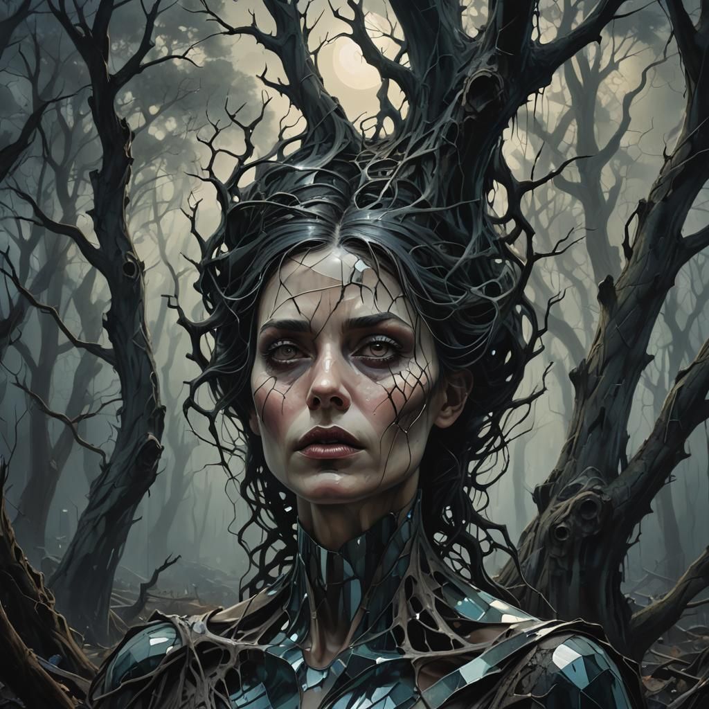 Glass Lady in Dark Forest, Surreal Illustration