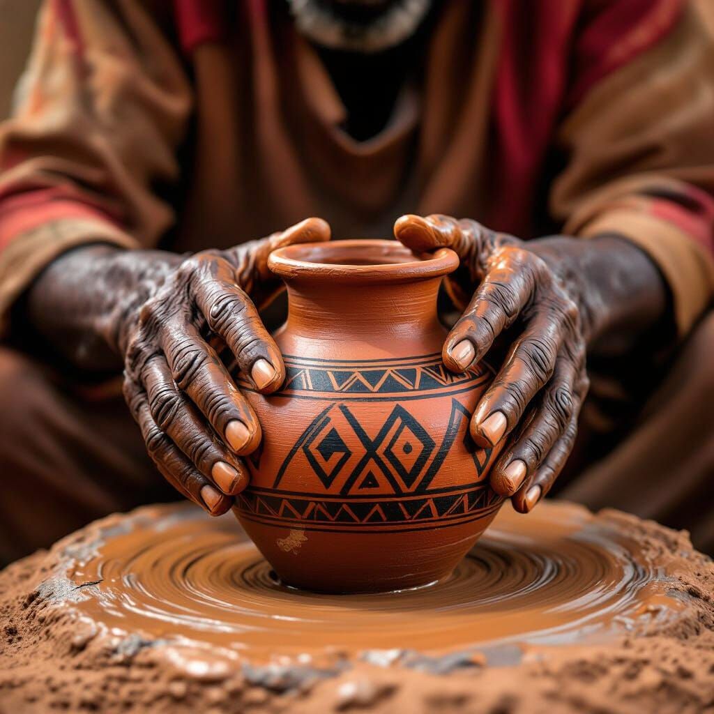 Elderly Nubian Potter's Hands Crafting Geometric Clay Jar
