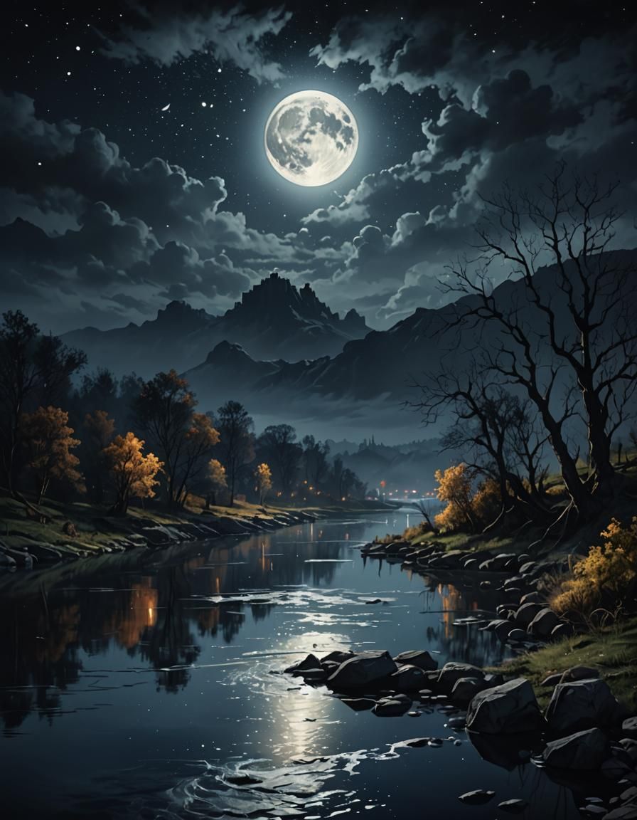 Moody night sky with full moon and river.
