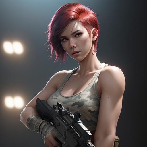 Female Soldier with Handgun in Hyperdetailed Splash Art