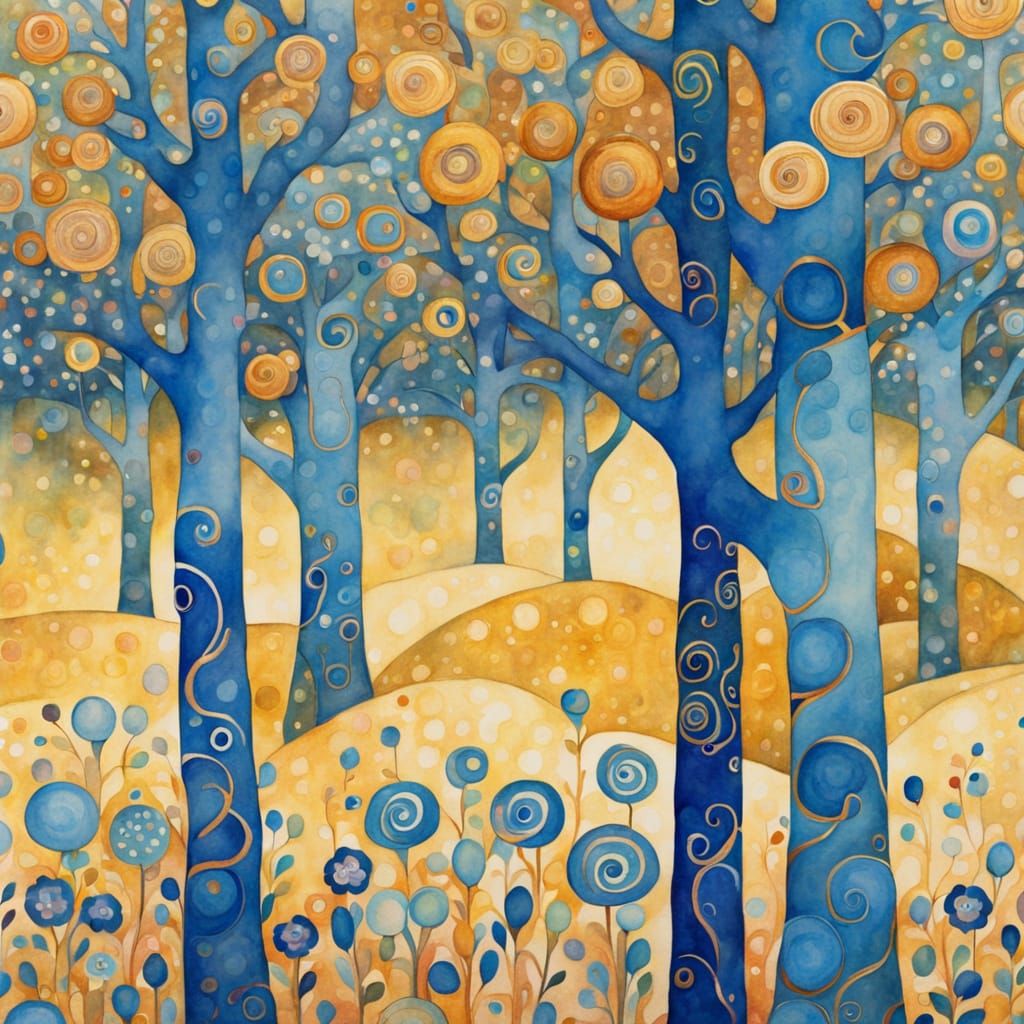Klimt Style Watercolour of Blue Trees with Golden Background