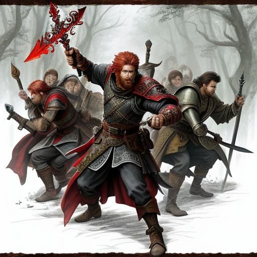 Red-Haired Paladin Battles Adventurers in Fantasy Forest