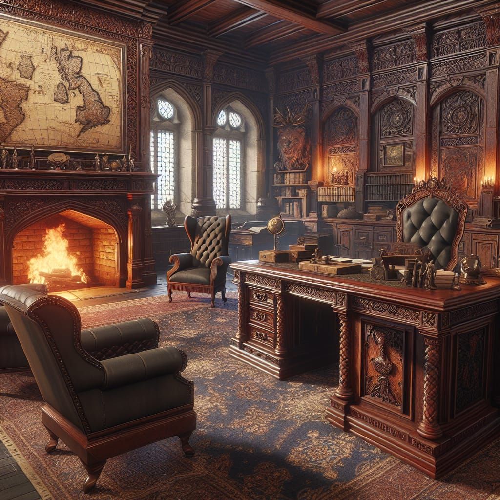 Expansive Medieval Office with Fireplace and Map