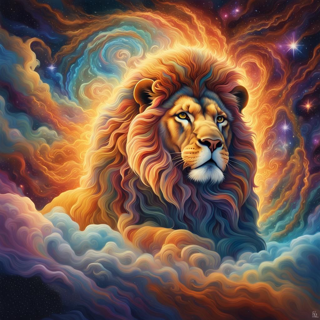 Cosmic Lion in Astral Vortex: Surreal Visionary Art