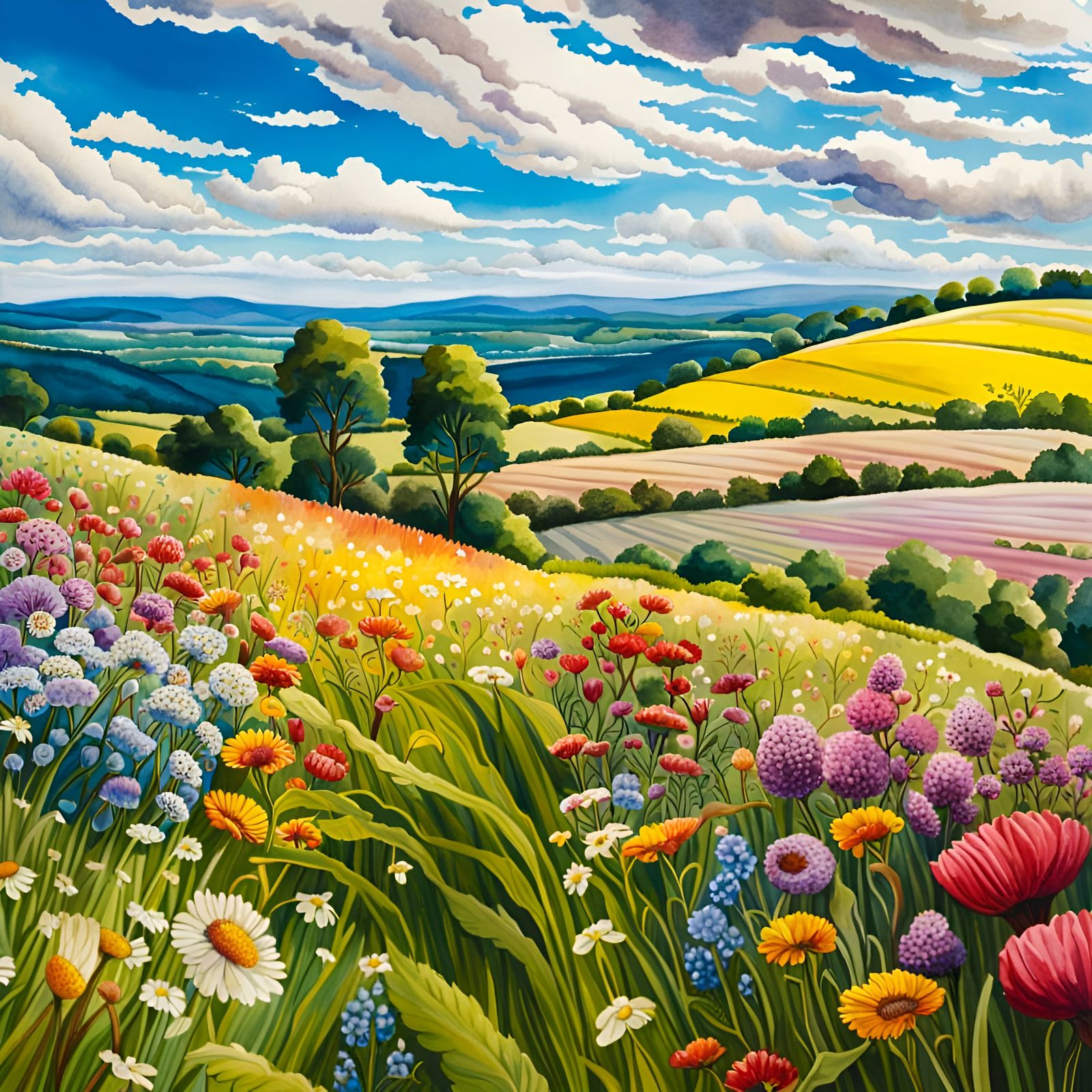 Colourful Flower Field Watercolour Painting