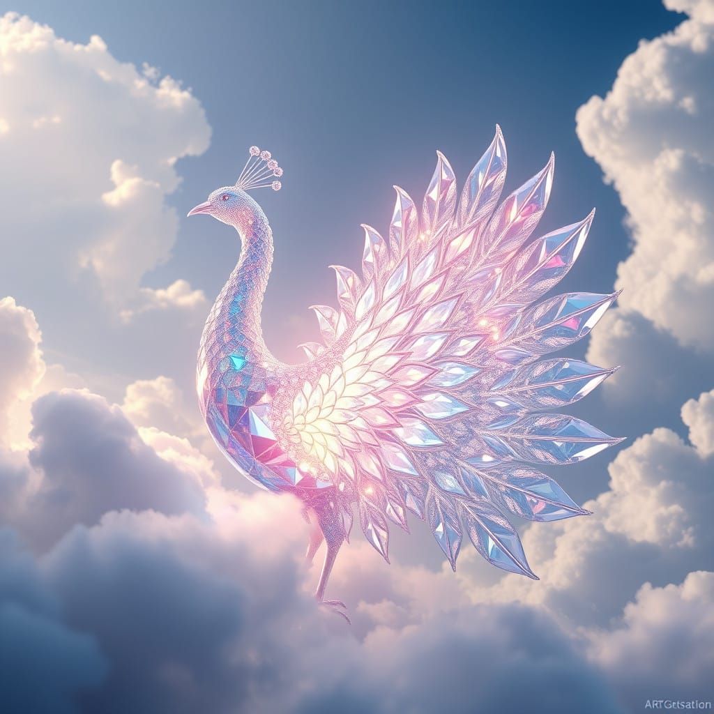 Glass and Diamond Peacock Ascends in Heavenly Realms