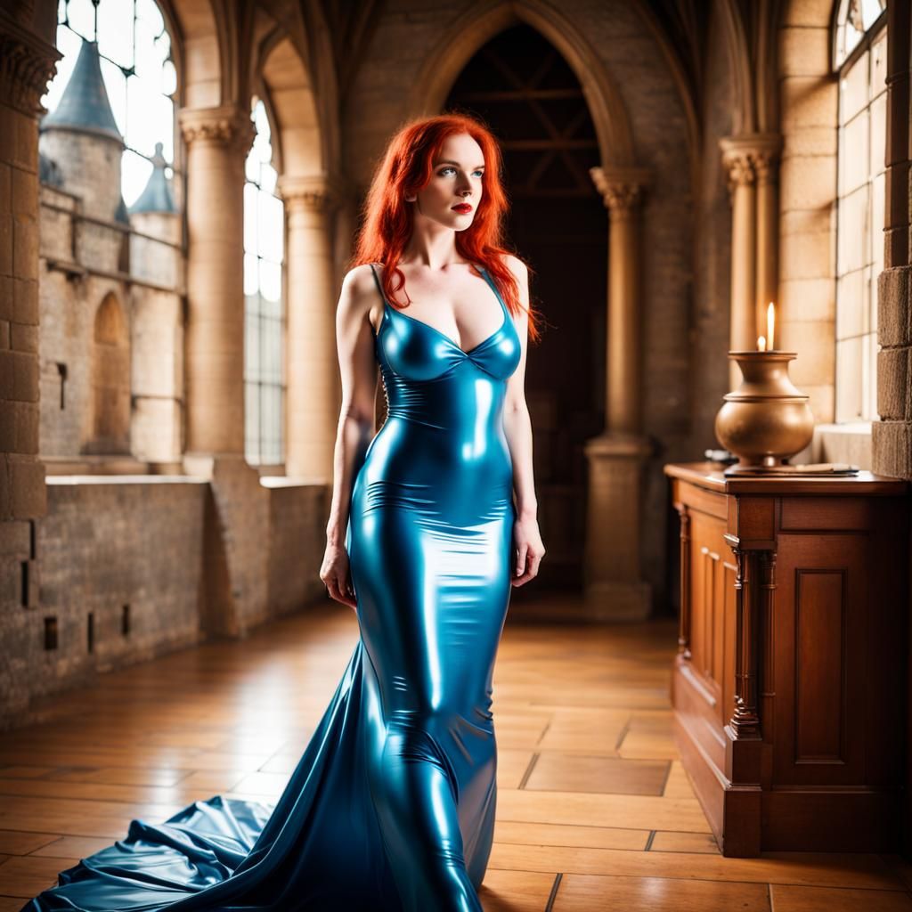 Redhead in Latex Dress in Medieval Castle