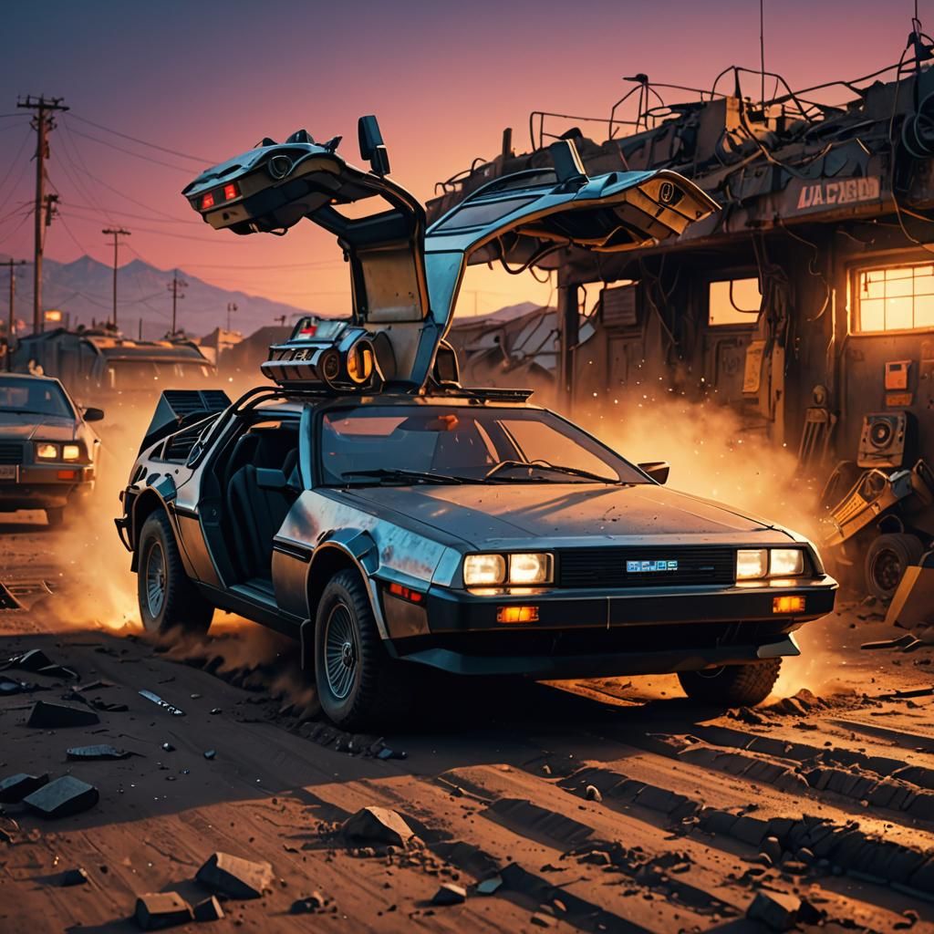 Retro-Futuristic Delorean in a Post-Apocalyptic Landscape
