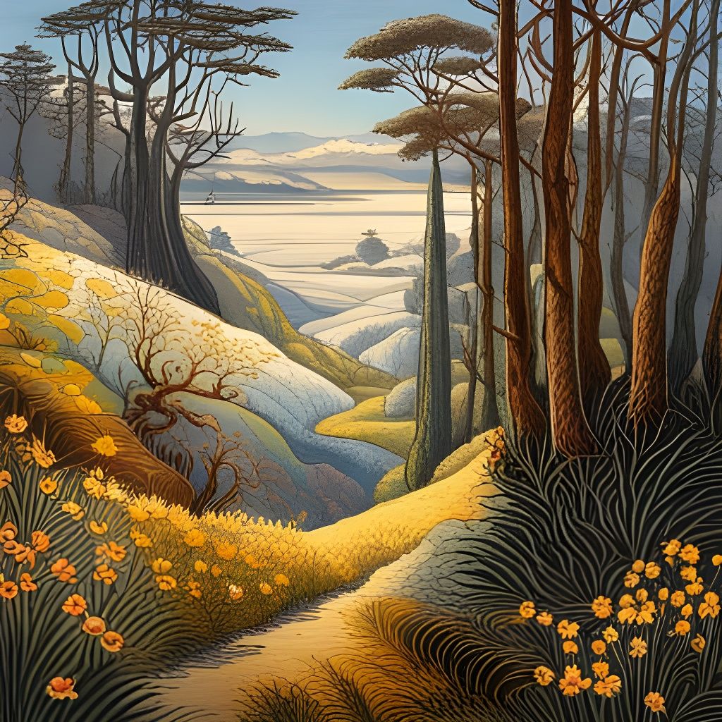 Whimsical Landscape Art in Botanical Style