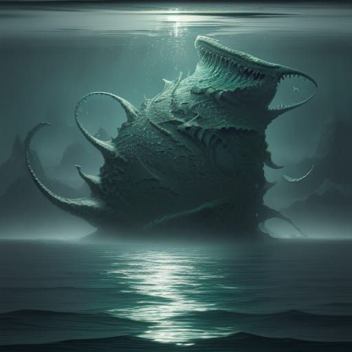 Dreamlike Reservoir Monster Unveiled Under a Vibrant Green M...