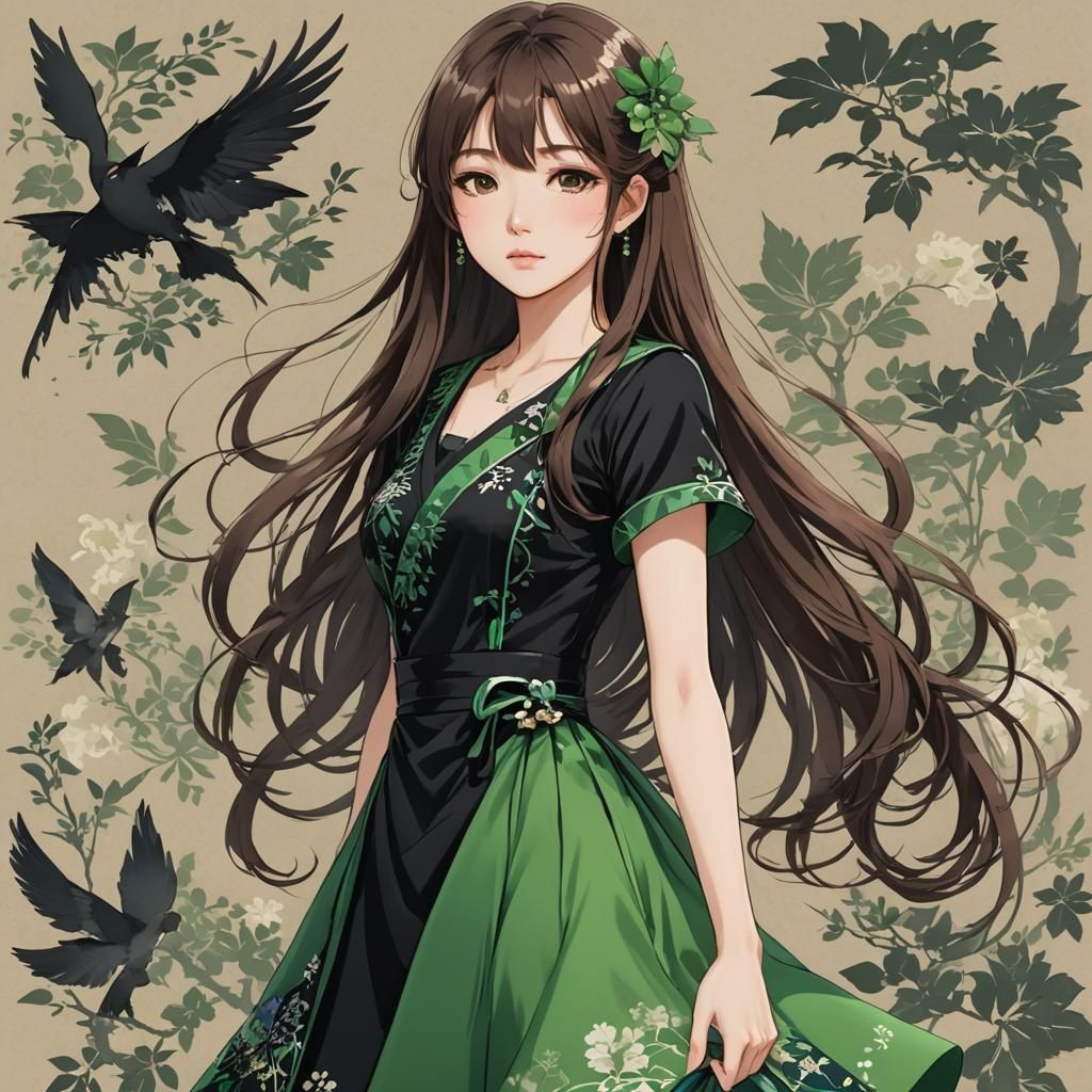 Asian Woman in Black and Green Dress, Anime Style