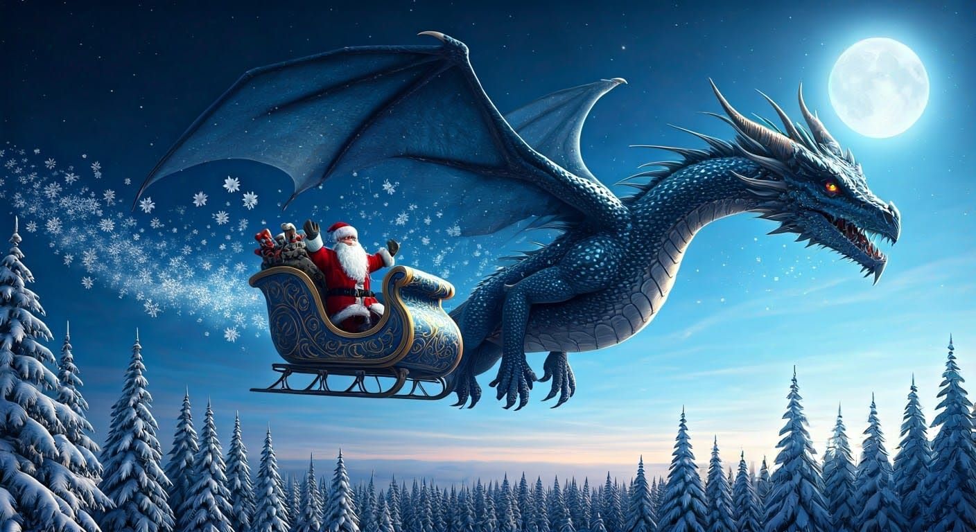 Christmas Dragon Sleigh Ride in the Night Sky