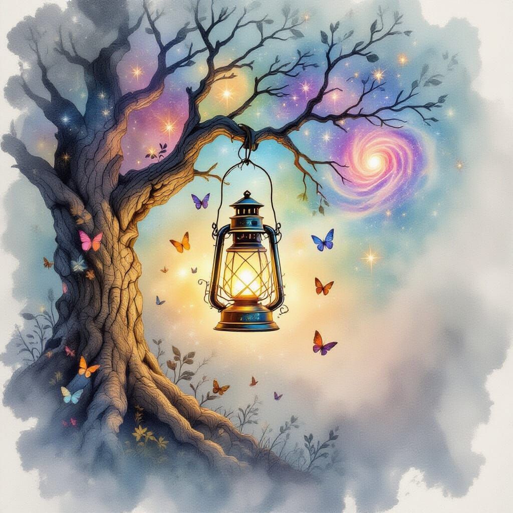 Enchanted Lantern on Ancient Tree, Watercolor Art