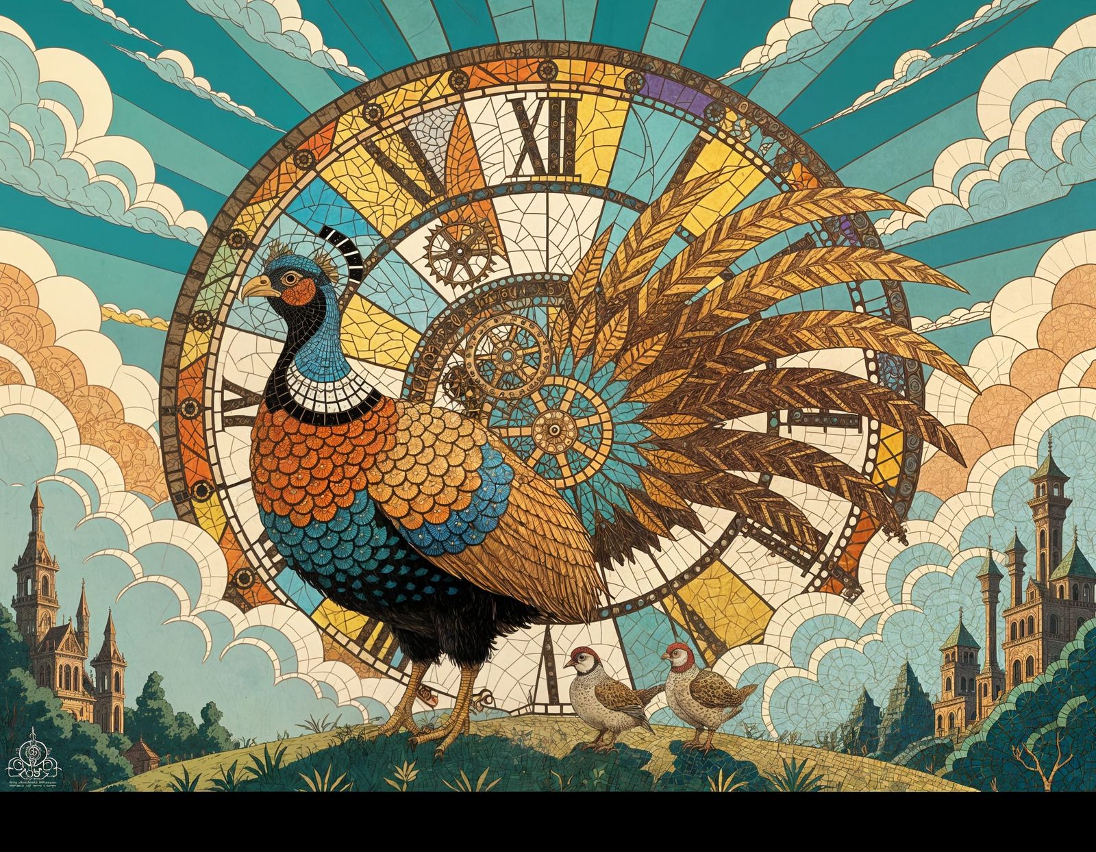 Steampunk Pheasant Family in Digital Art