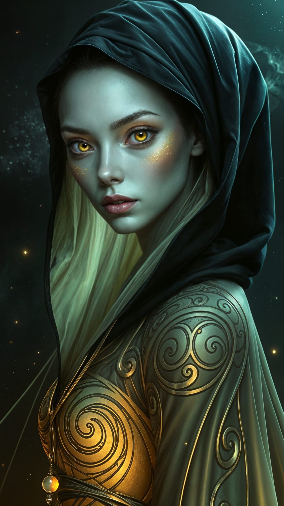 Ethereal Intergalactic Queen with Iridescent Skin and Golden...