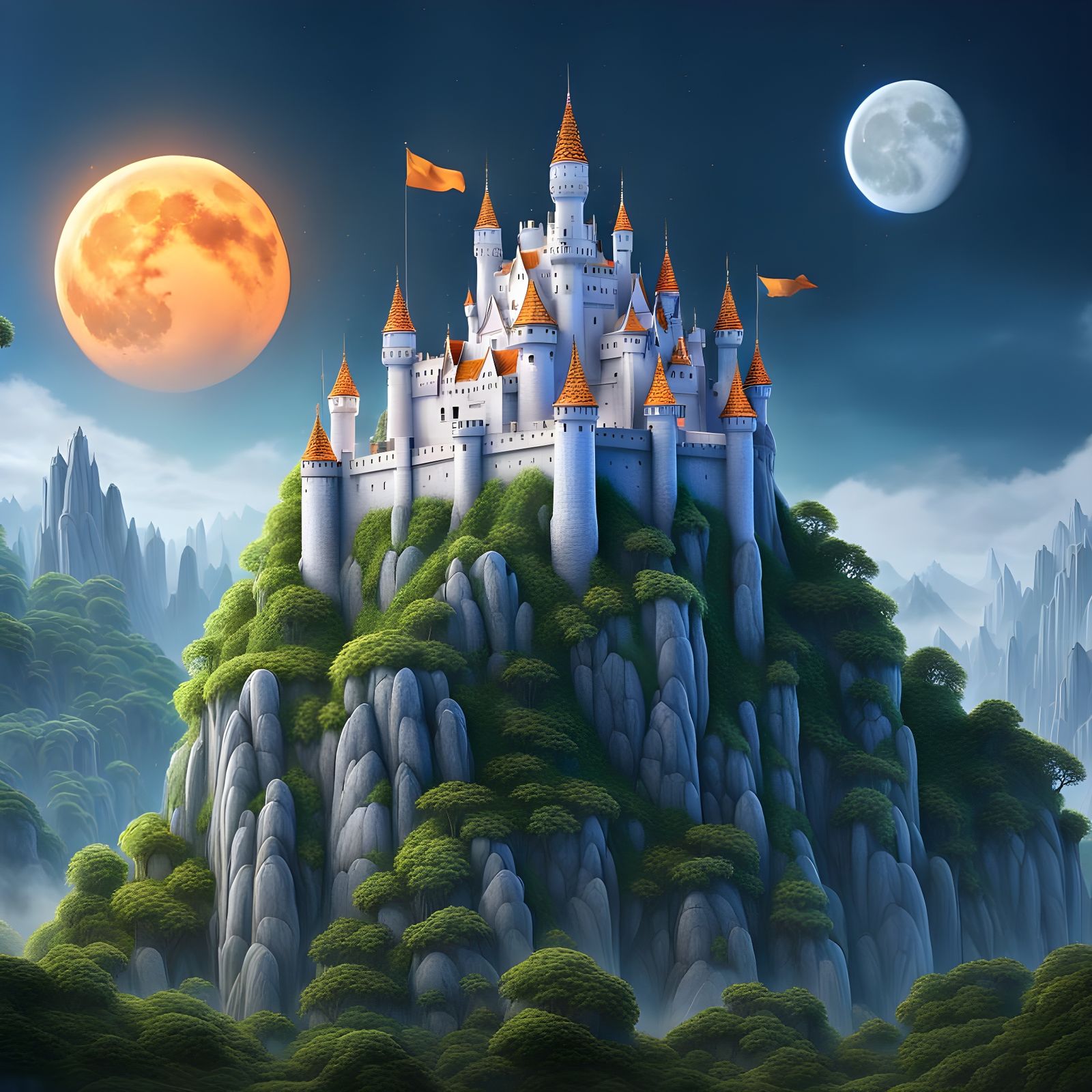 Fantasy Castle with Orange Flag in Detailed Matte Painting