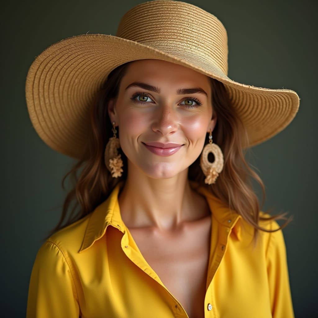 European Woman in Yellow Summer Dress and Straw Hat