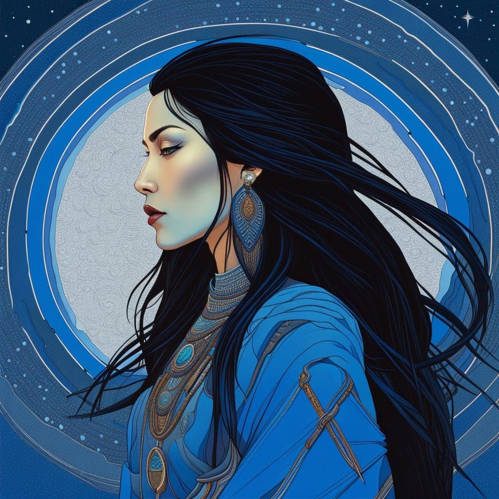 Brunette Shaman in the Stars: Oil Painting