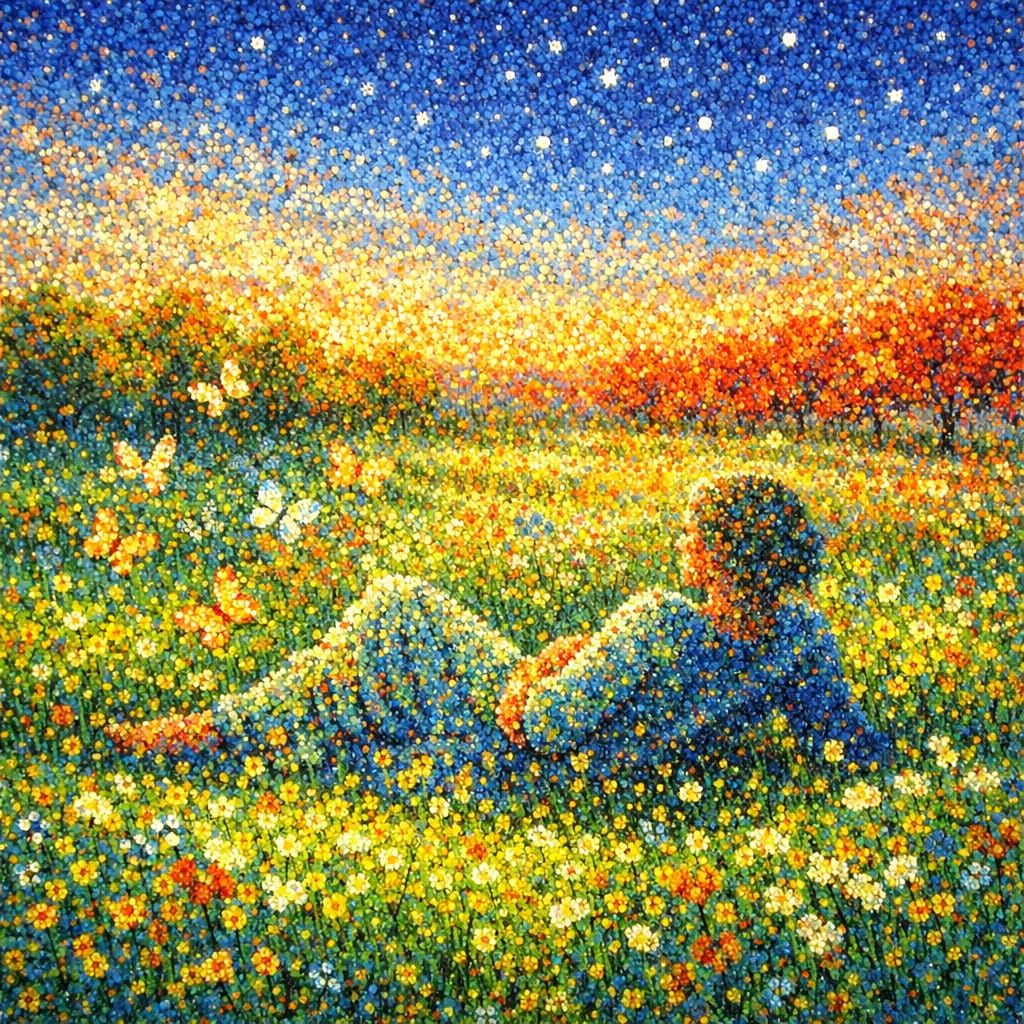 Vibrant Meadow Scene in Pointillism Style