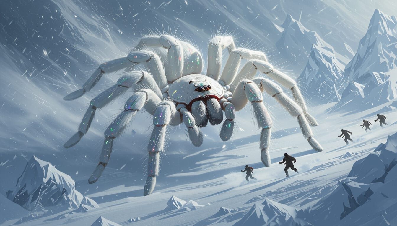Albino Tarantula Spider Soaring Through Blizzard