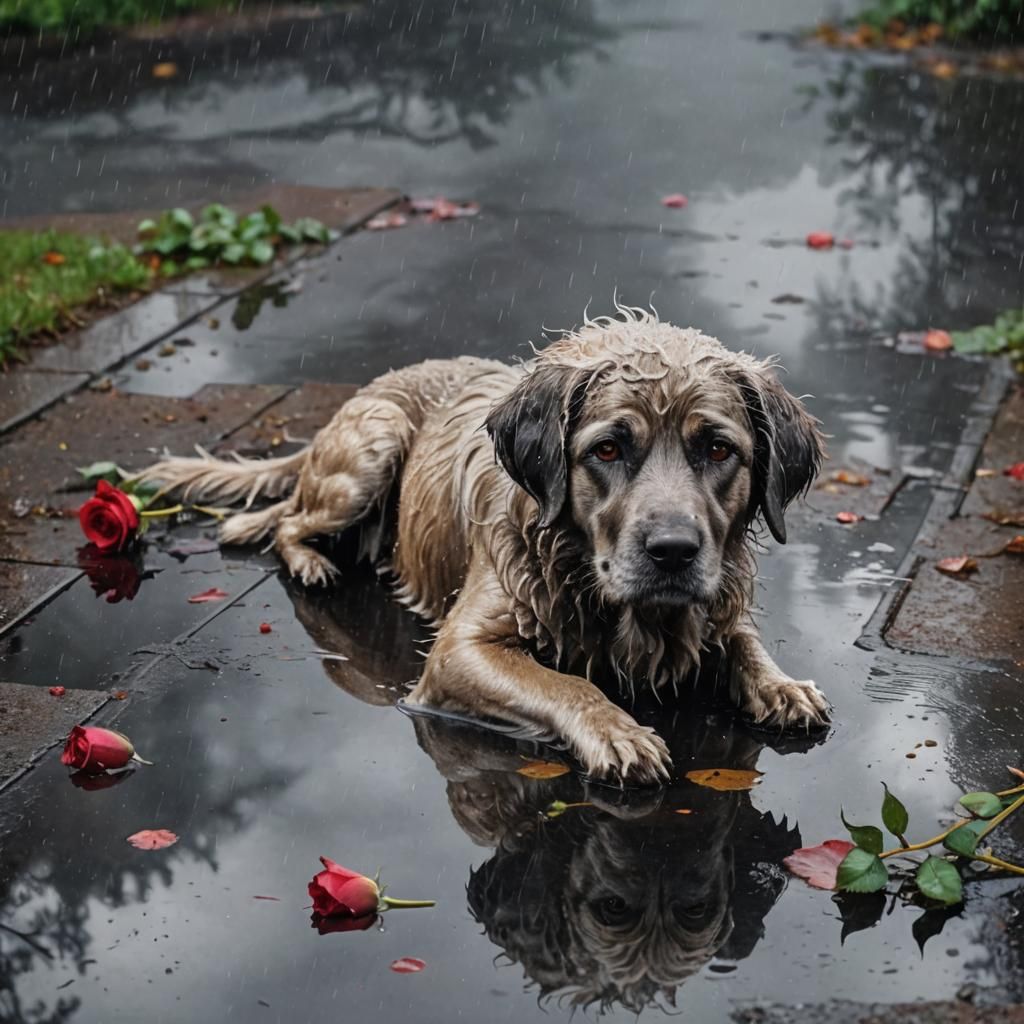 Sad Wet Dog in Rain: Oil Painting