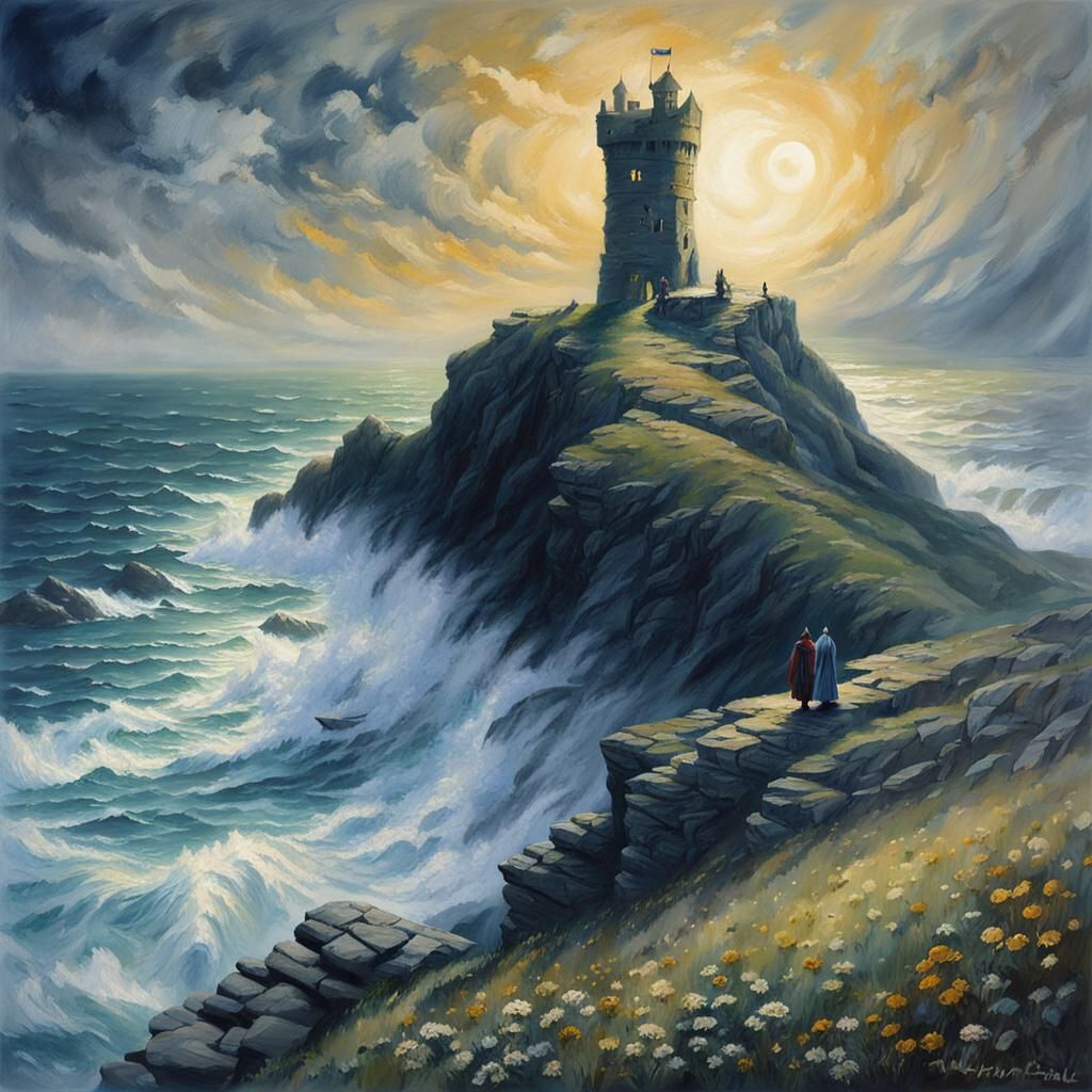 Merlin at Tintagel Castle in Impressionistic Style