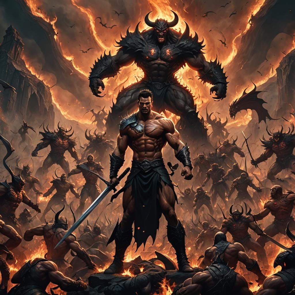 Victorious Warrior in Hellish Landscape, Fantasy Art