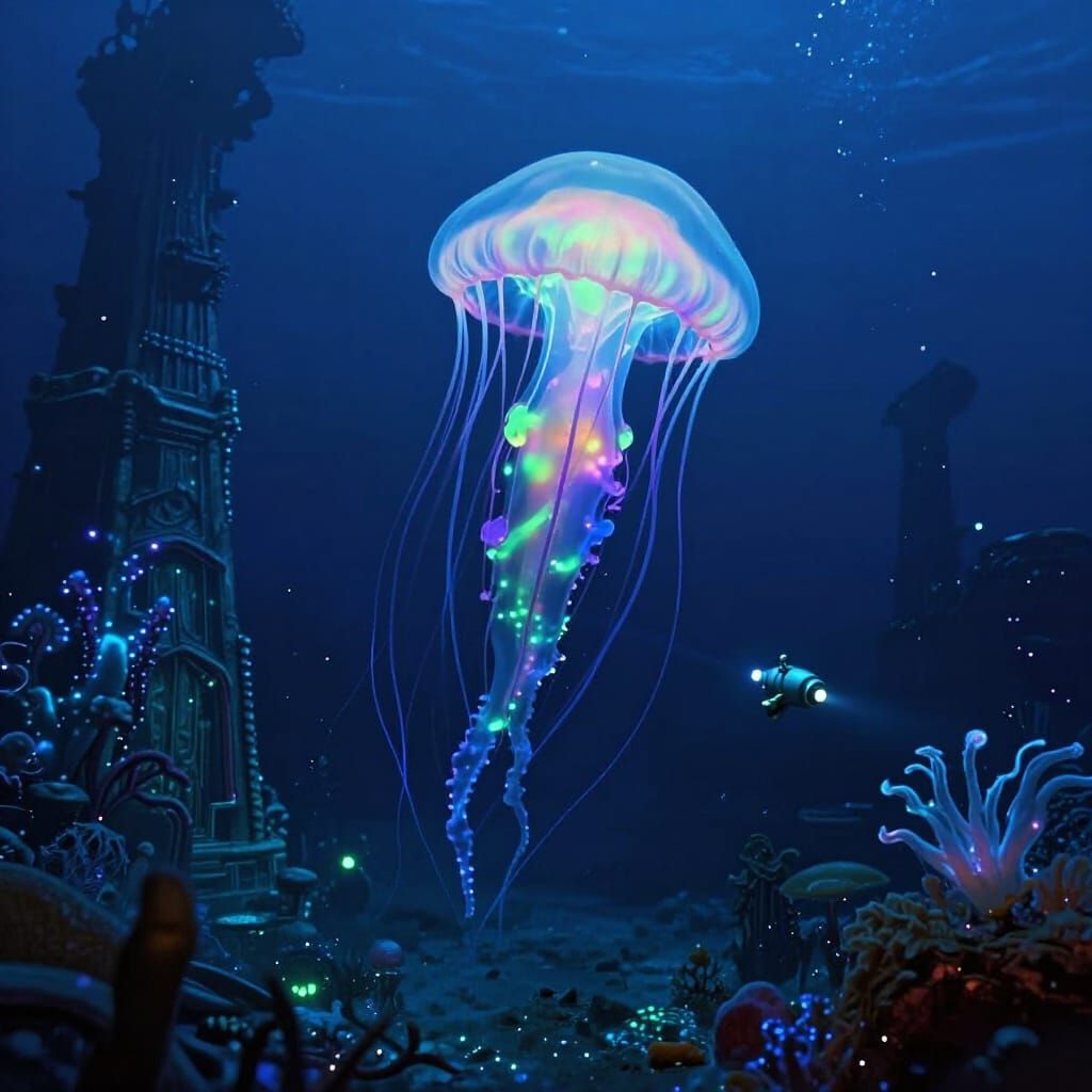 Bioluminescent Jellyfish in Alien Ocean Ruins