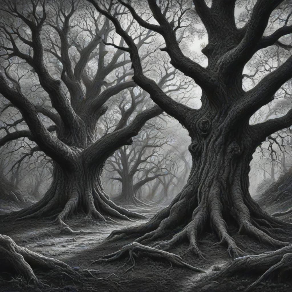 Ancient Oak Trees in Detailed Charcoal Drawing