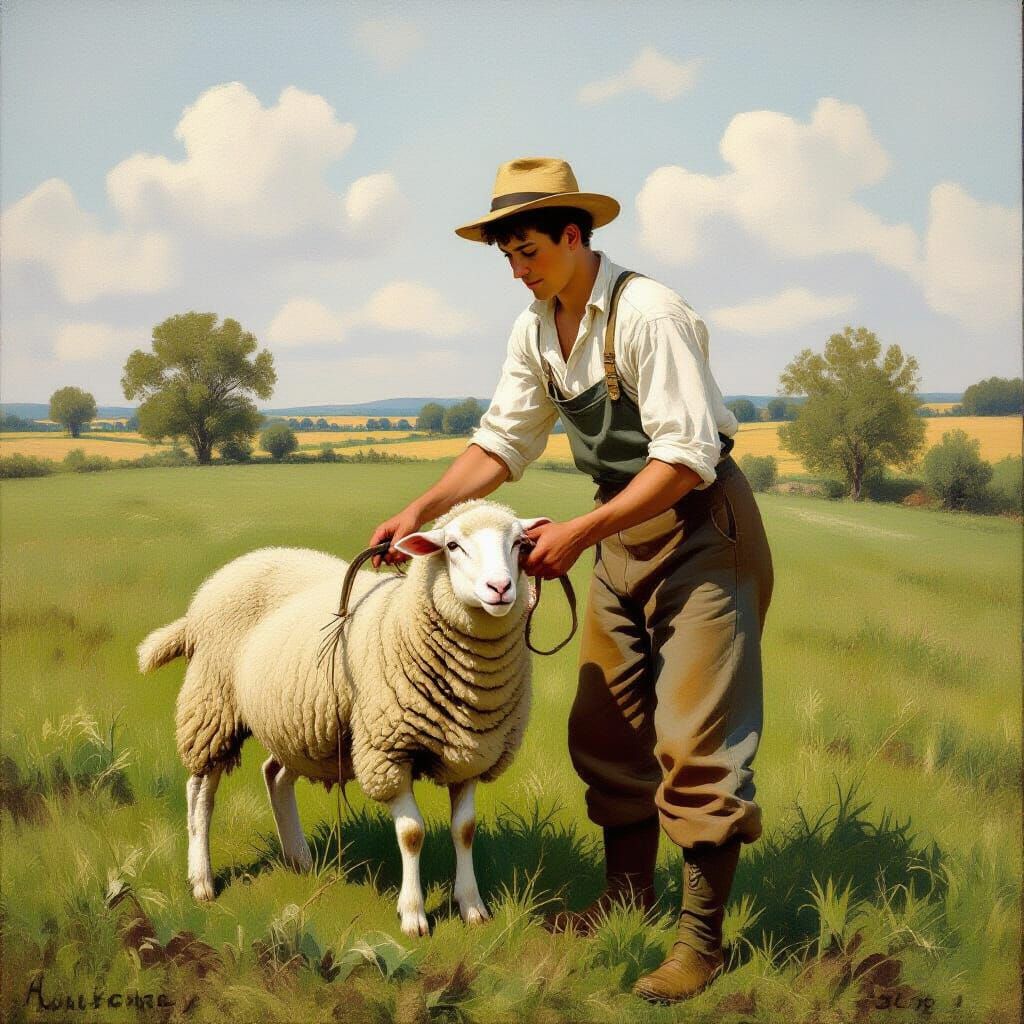 Young Farmer Shearing Sheep in Early 20th Century Style