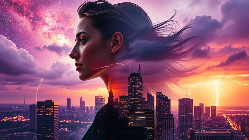 Cosmic Double Exposure: Woman and Cityscape
