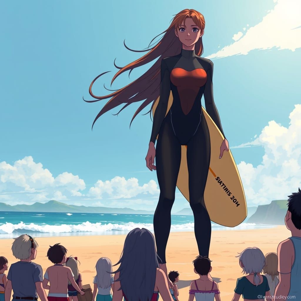 Giant Surfer Goddess Strolls Beach, Dwarfed by Adoring Crowd...
