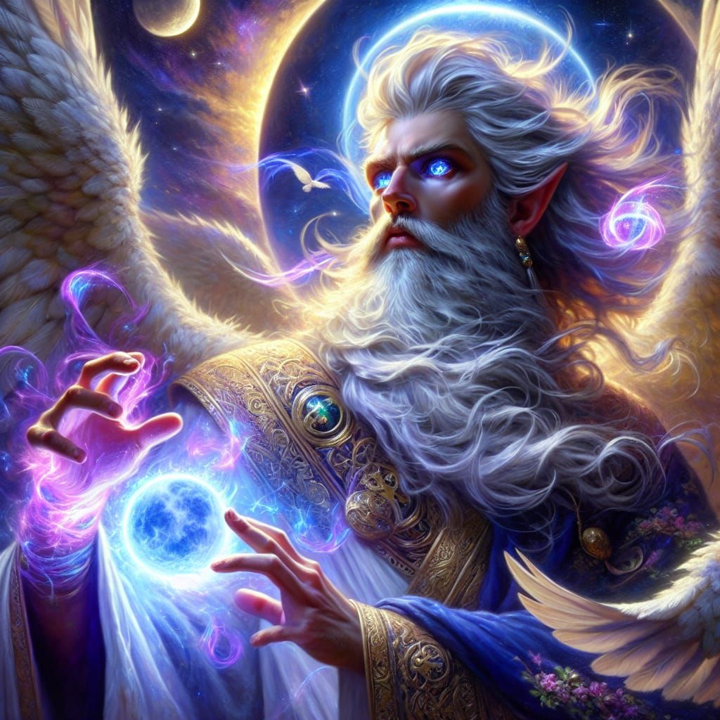 Angelic Mage Casting Lunar Spell in Symbolist Style