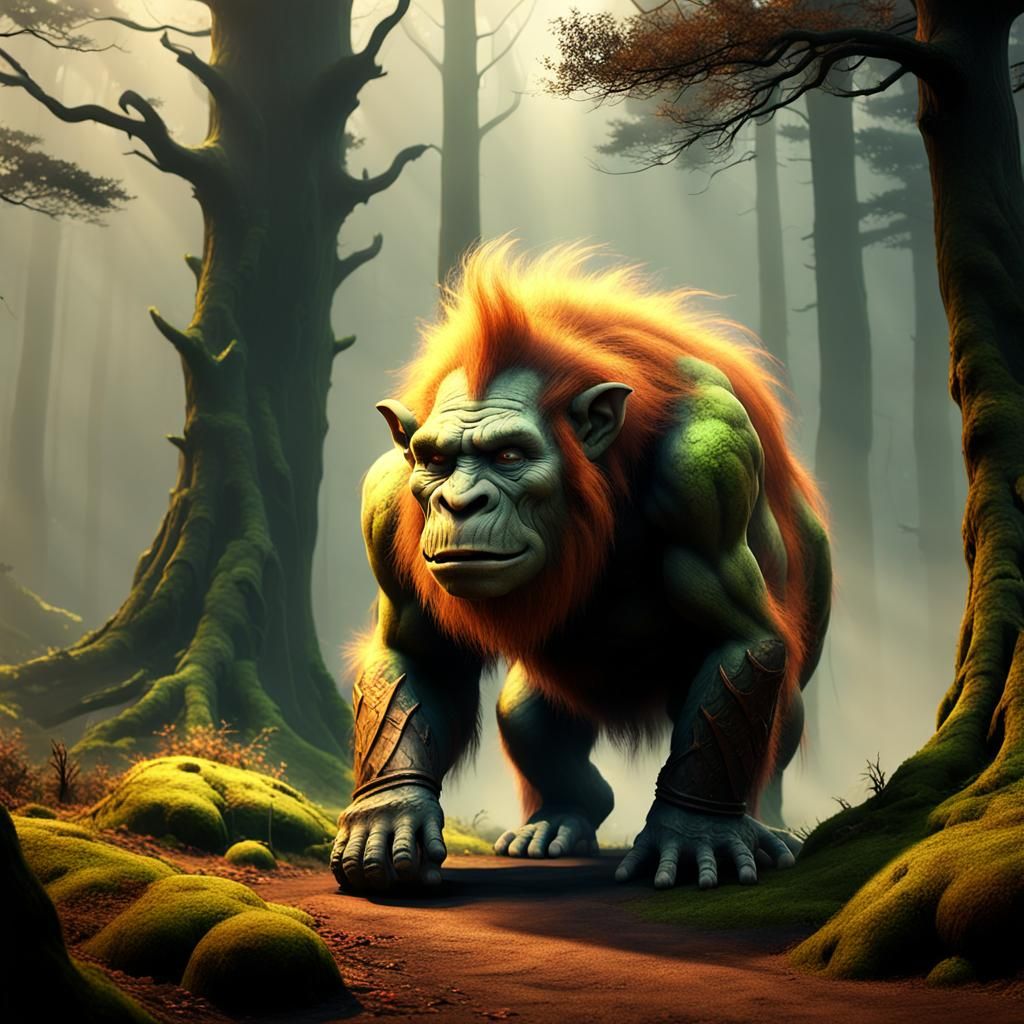 Troll-Bear Hybrid in Misty Dark Forest