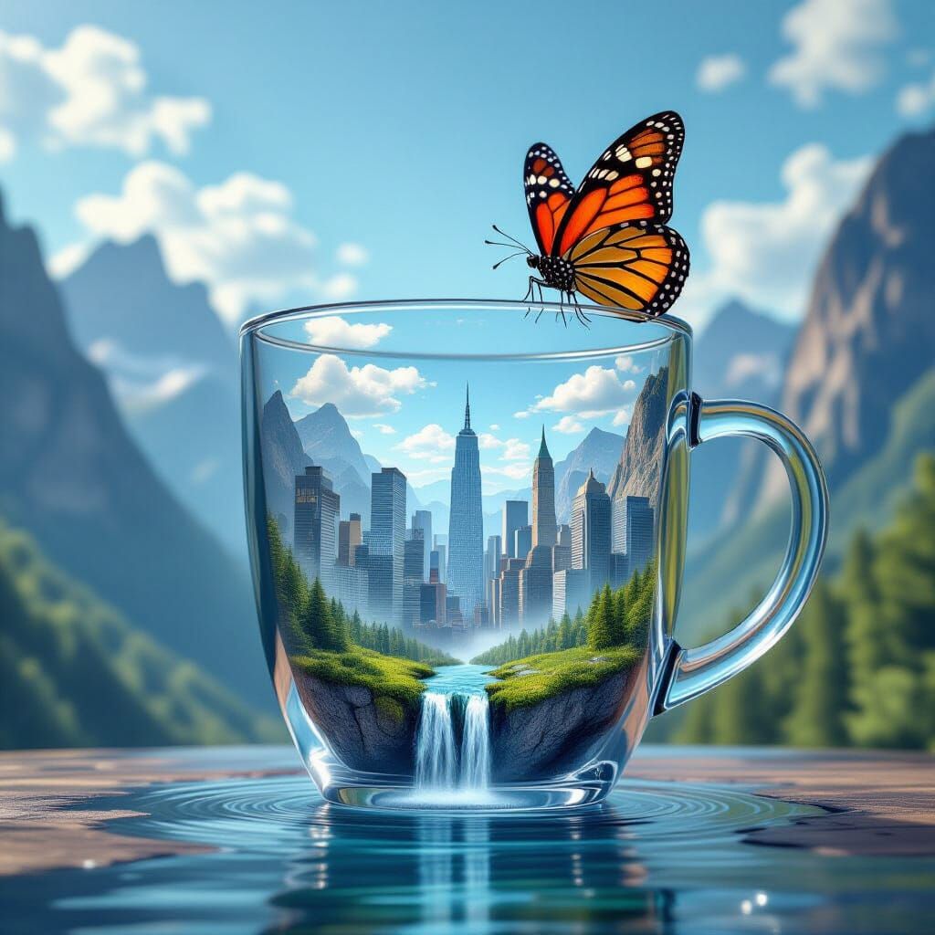 City in a Cup: 3D Cinematic Butterfly Scene