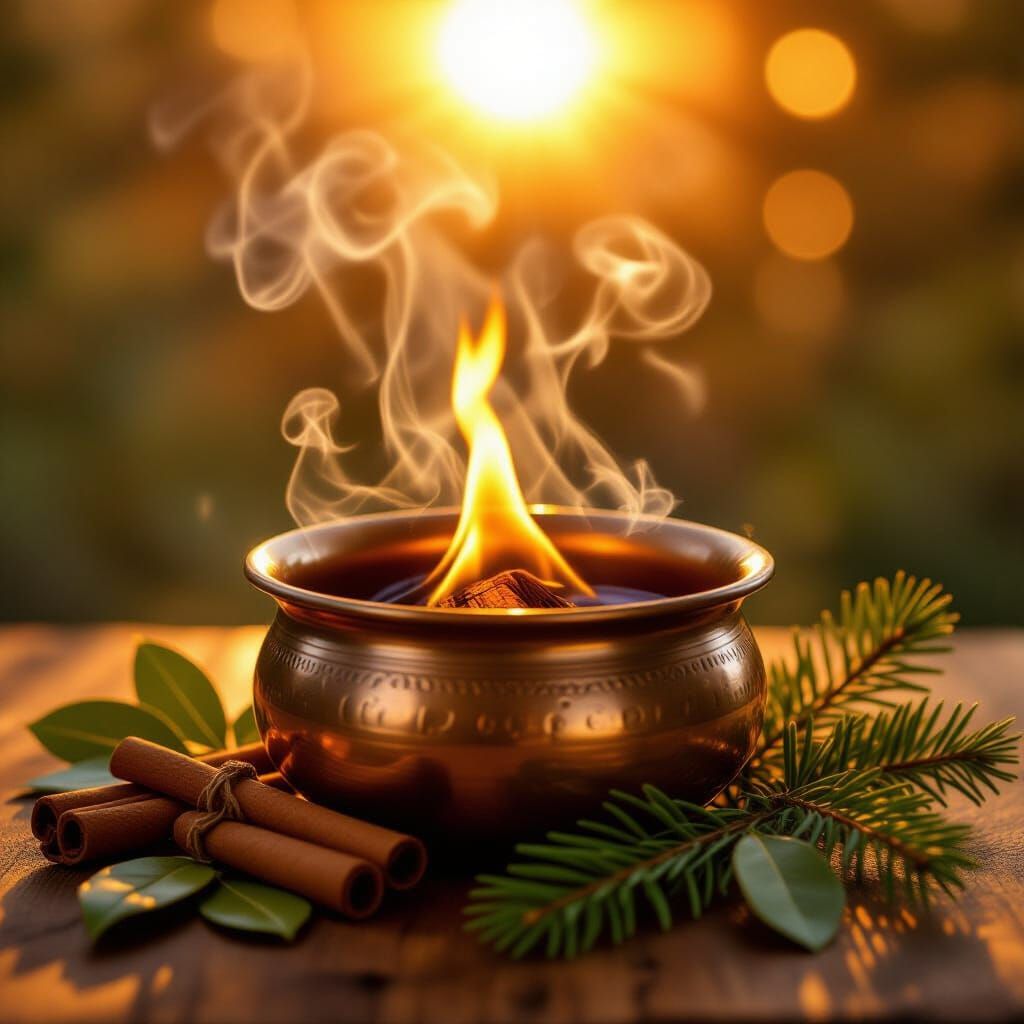 Golden Smudging Bowl with Herbs in Art Nouveau Style