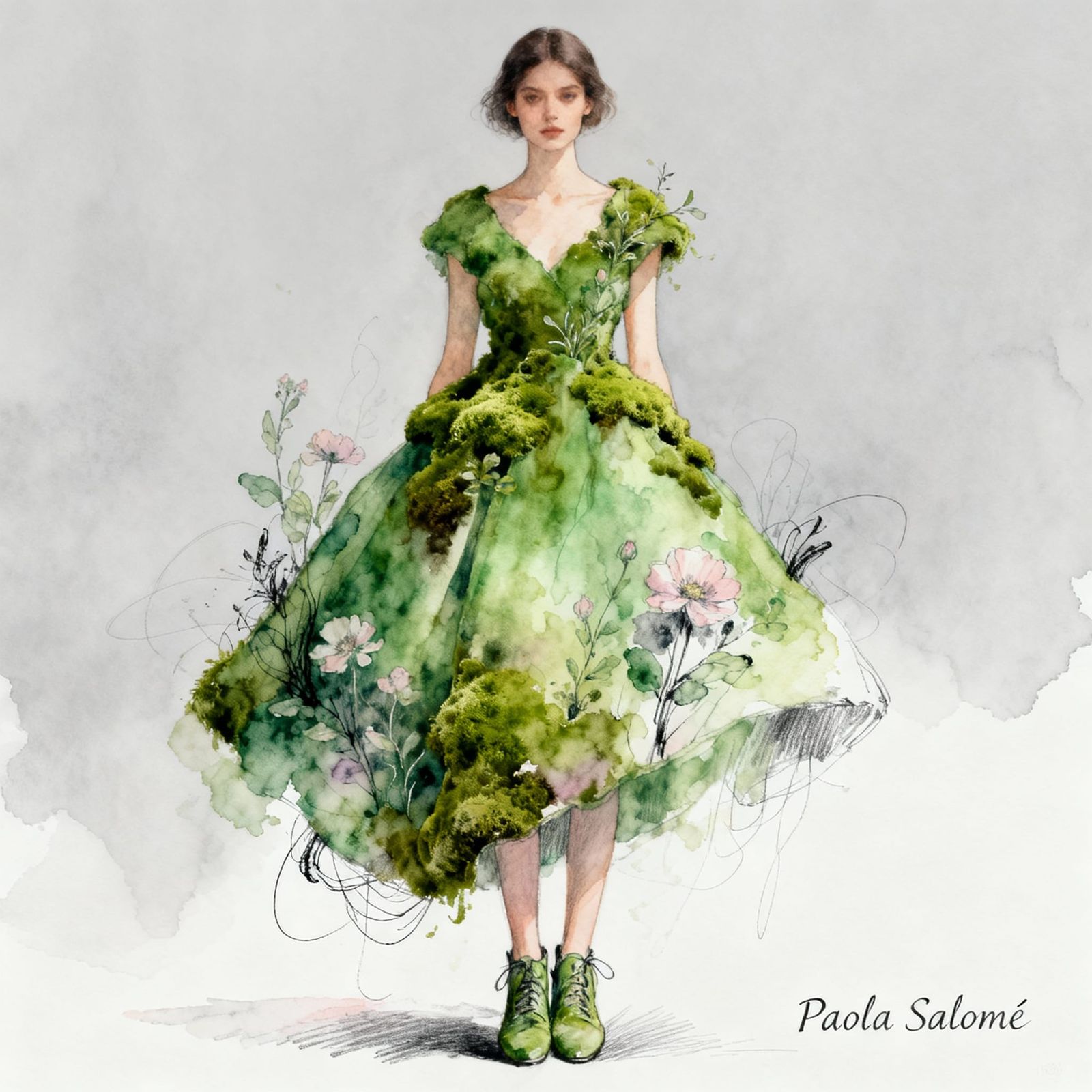 Woman in Avant-Garde Moss Dress