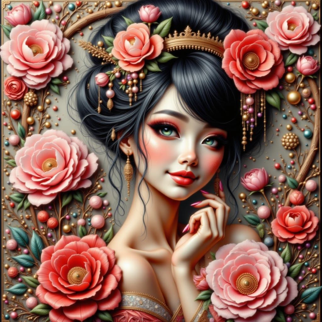 Geisha Cake with Roses in Impasto Style