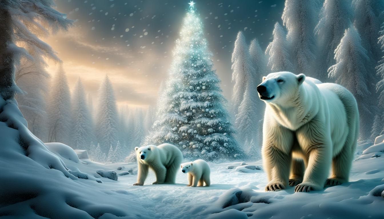 Polar Bears Trim Christmas Tree in Winter Wonderland